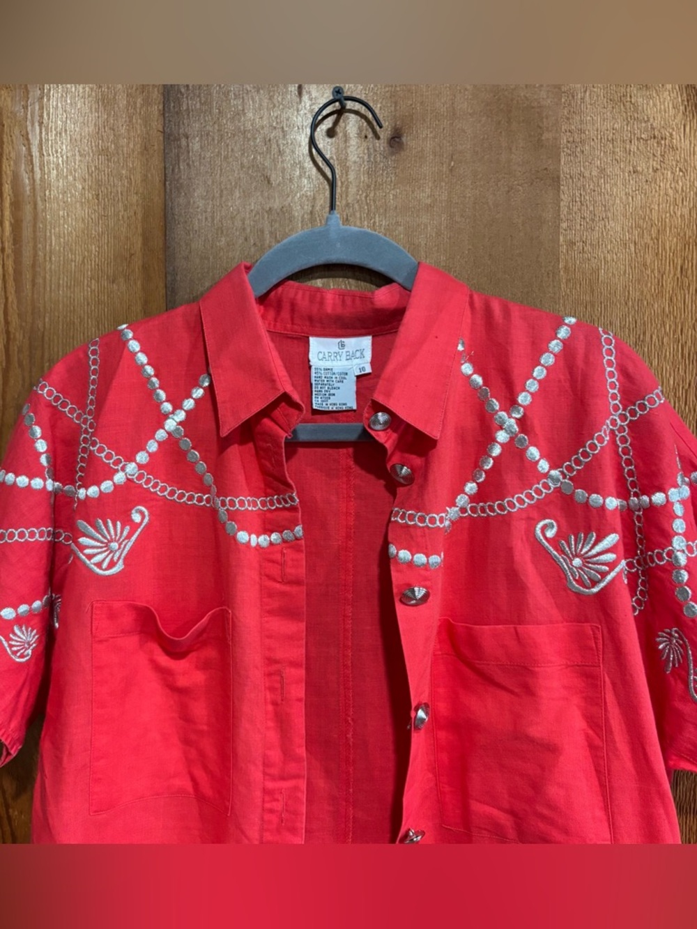 Vintage 80s Carry Back Coral Pink Western Shirt Metallic Embroidered Linen Ramie